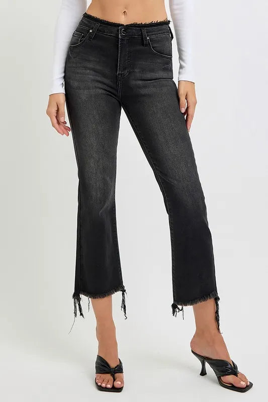 RISEN Full Size Raw Hem Cropped Flare Jeans Plus Size Black - Fashorio