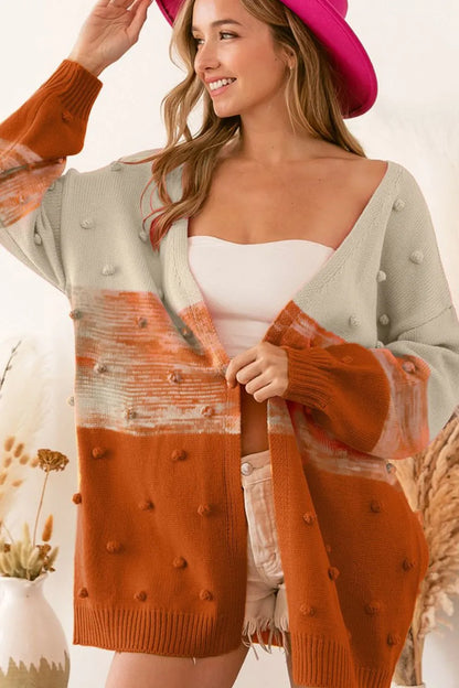Pompom Color Block Open Front Cardigan - Fashorio