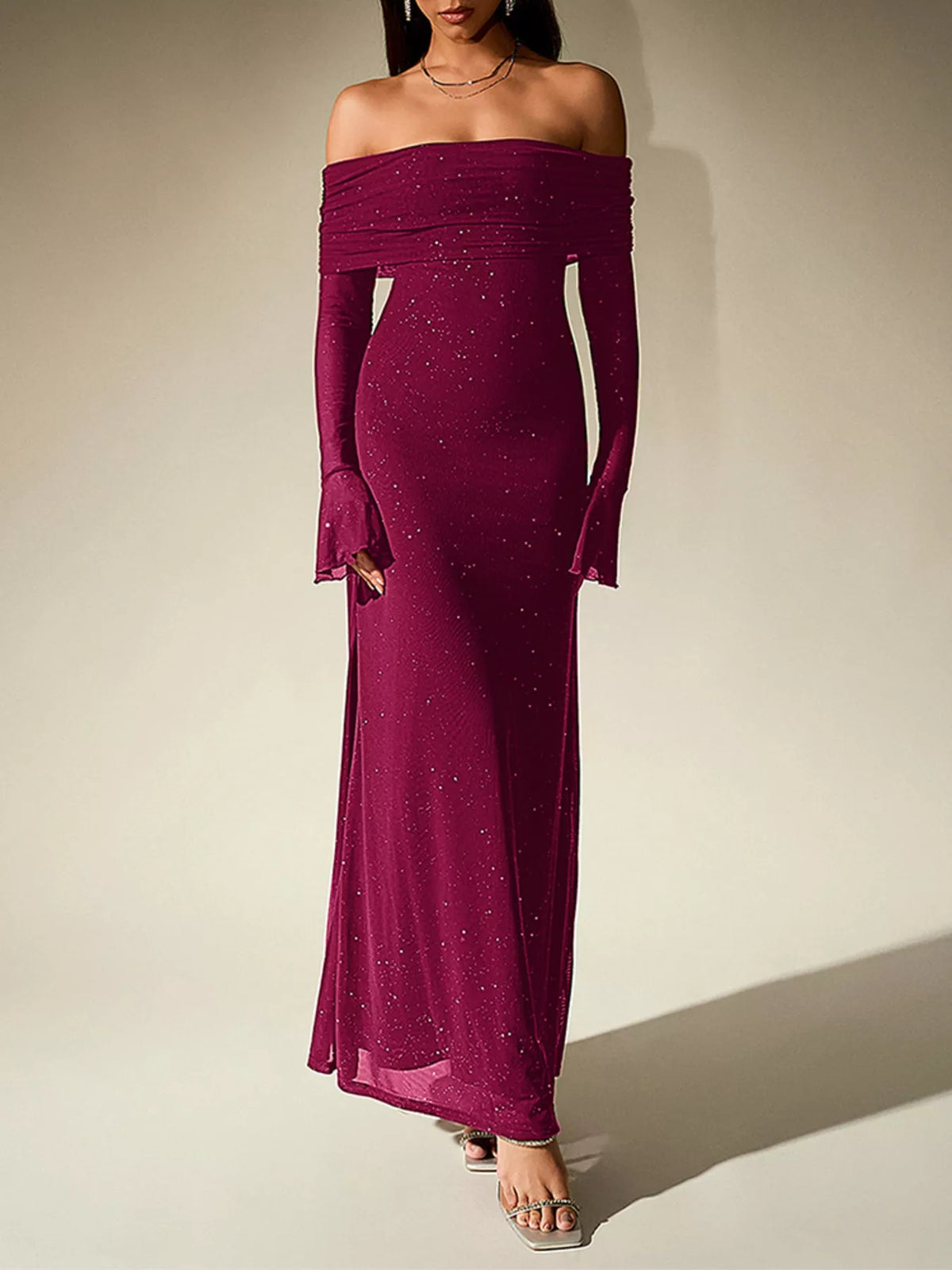 glitter off shoulder maxi dress detail view 25