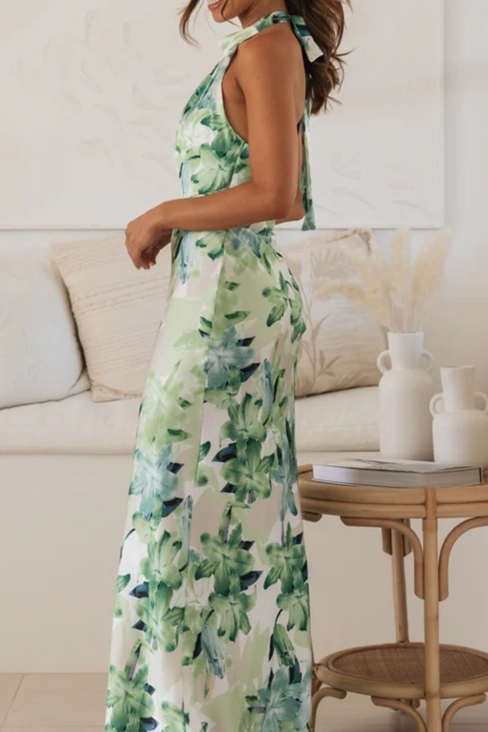 floral halter neck maxi dress with leg slit back view