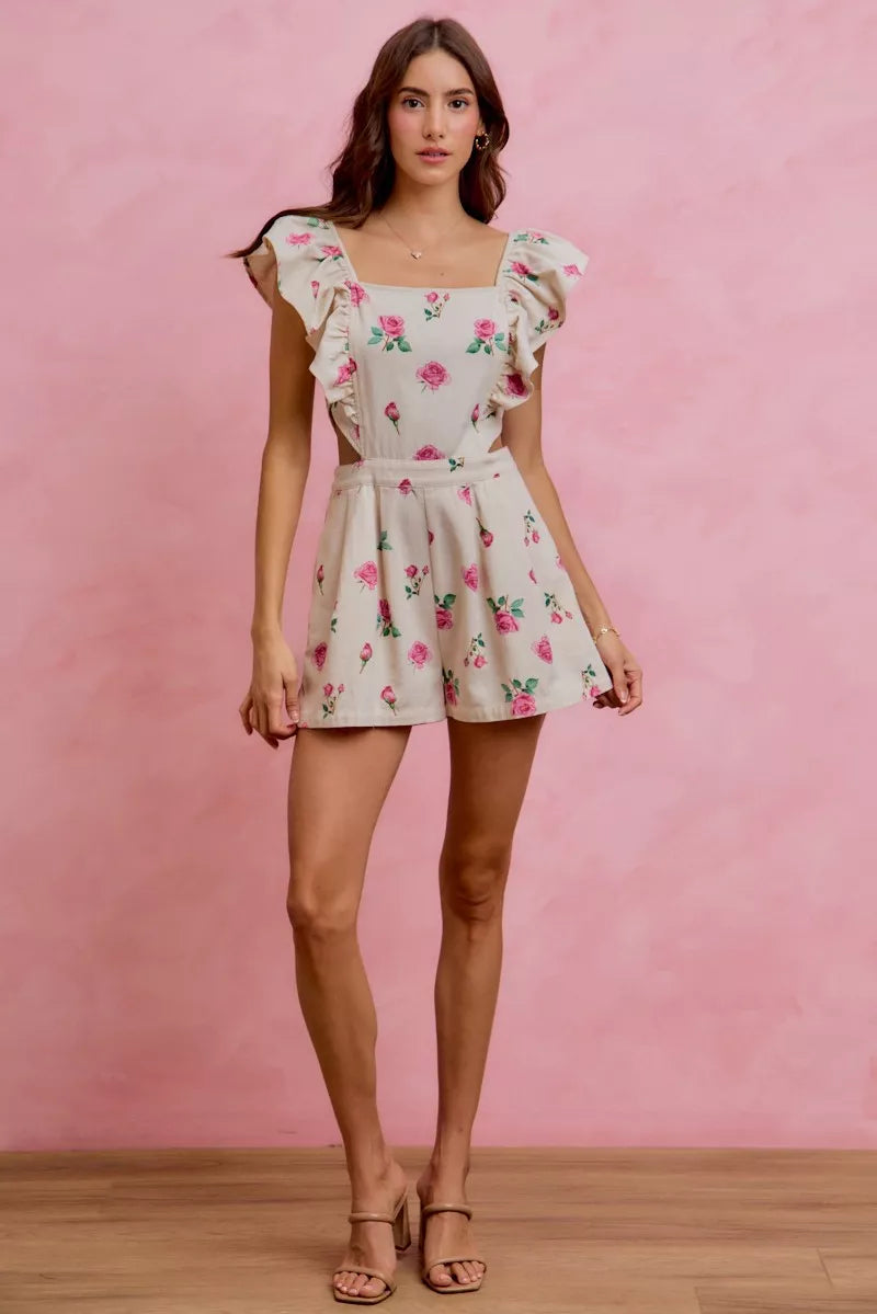 Floral Print Denim Cut Out Waist Ruffled Romper view 10