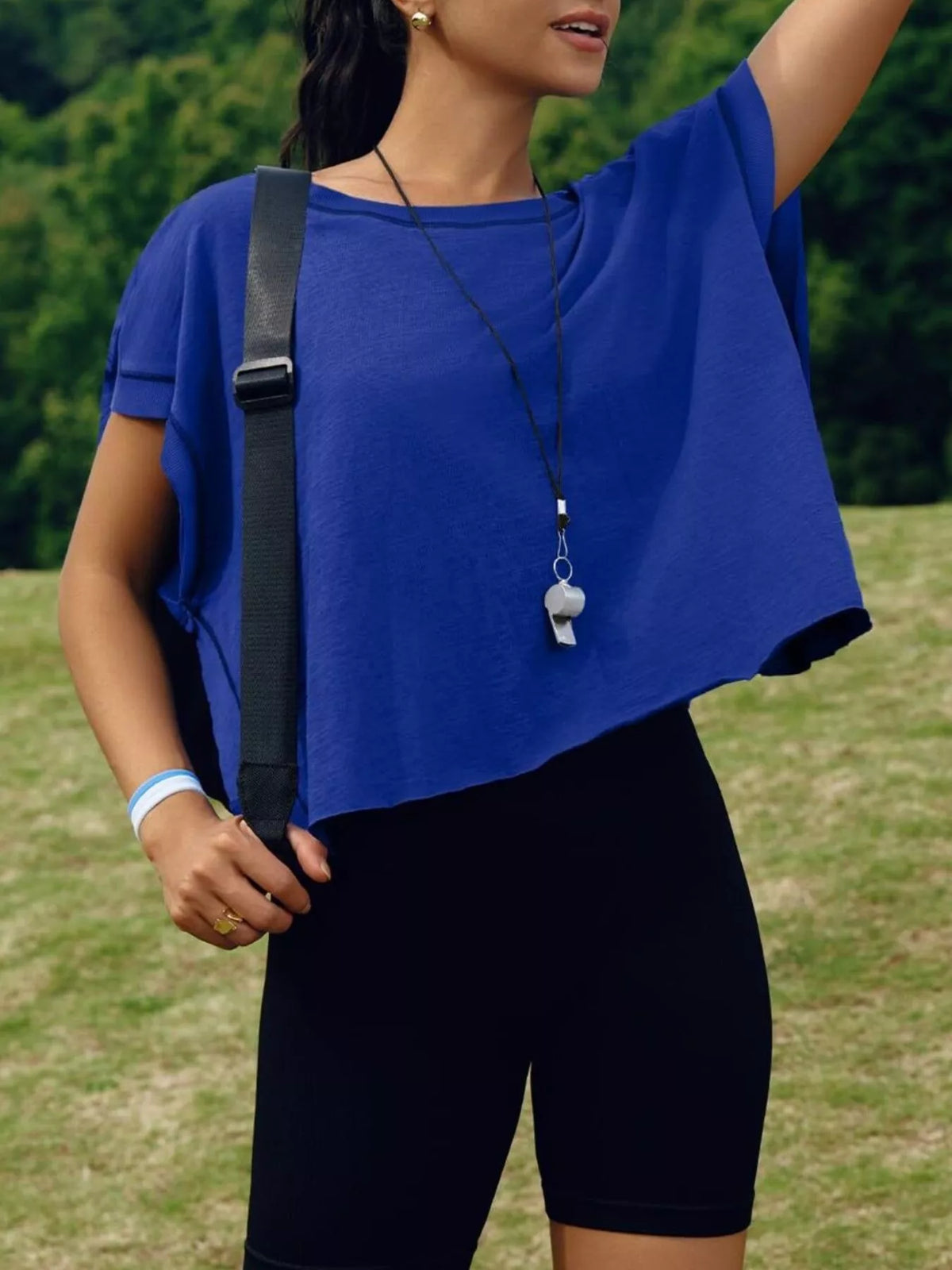 White cutout crisscross back short sleeve t shirt close up view