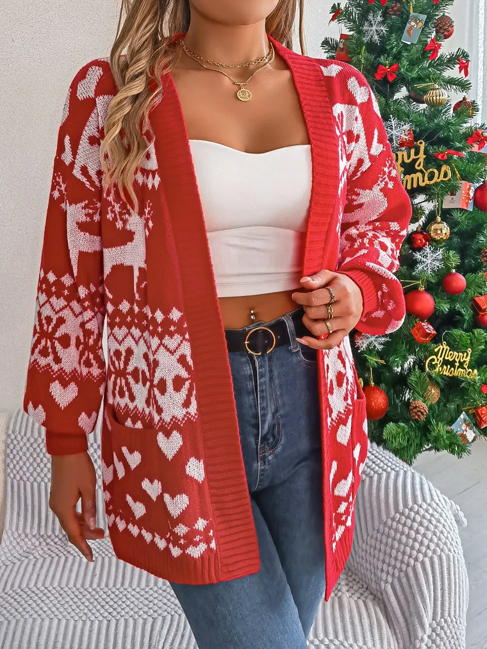 Pocketed Open Front Long Sleeve Cardigan - Fashorio