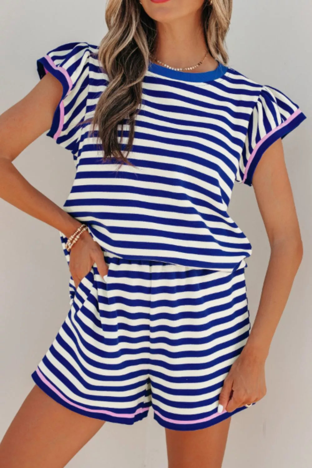 Royal blue striped ruffle sleeve top and shorts set front view