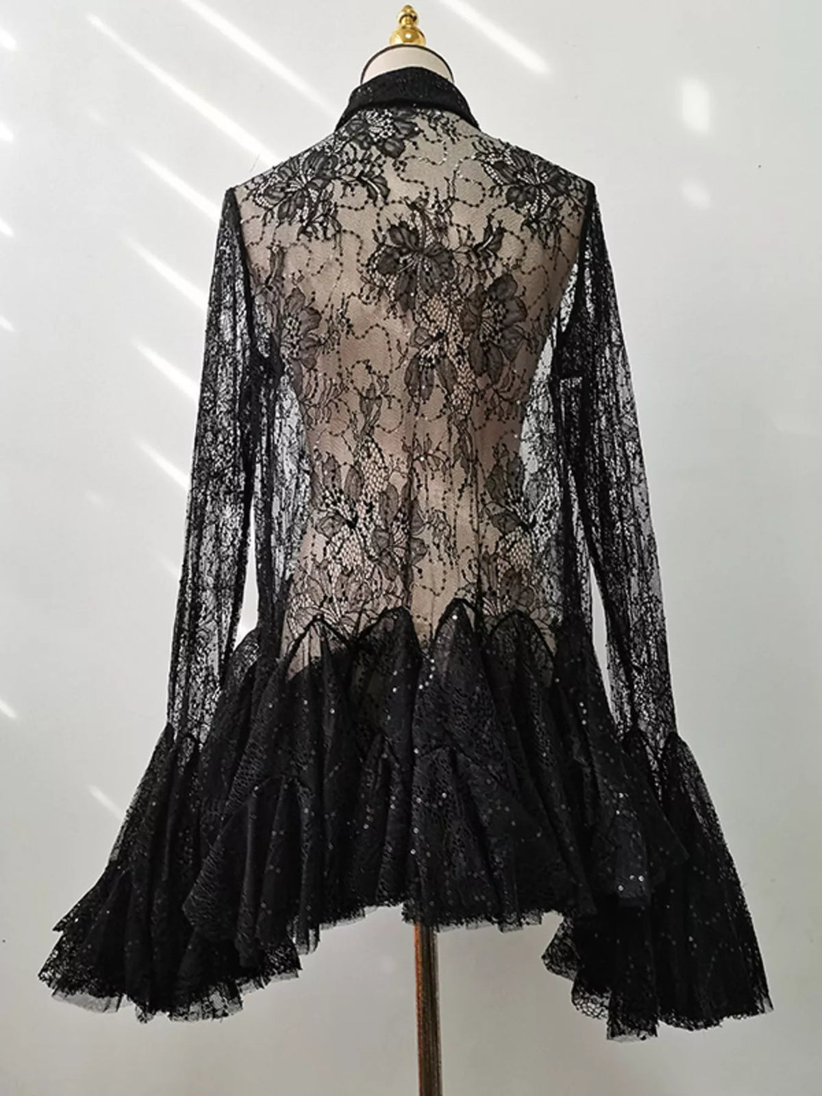 ruffled hem lace long sleeve dress side view