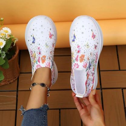 Rhinestone Floral Print Sneakers - Fashorio