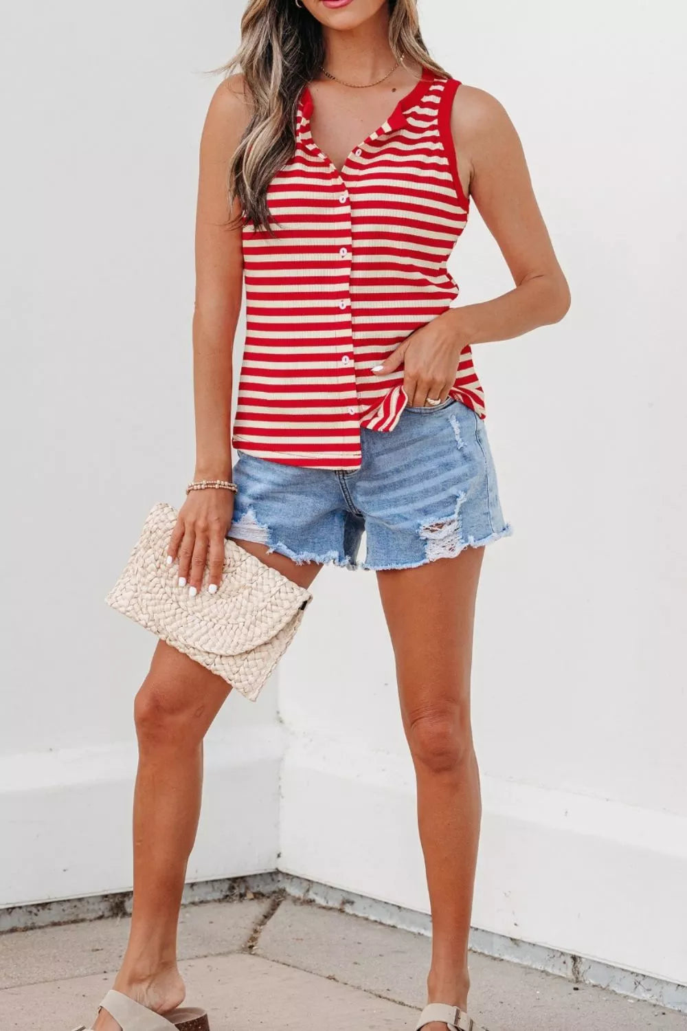 Stripe knit tank top styling view