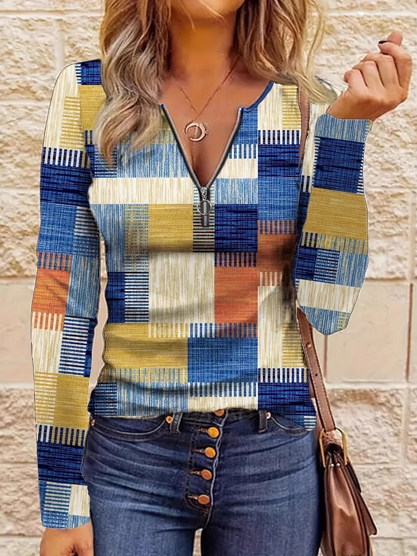 Color Block Zip Front Long Sleeve Top Sky Blue - Fashorio