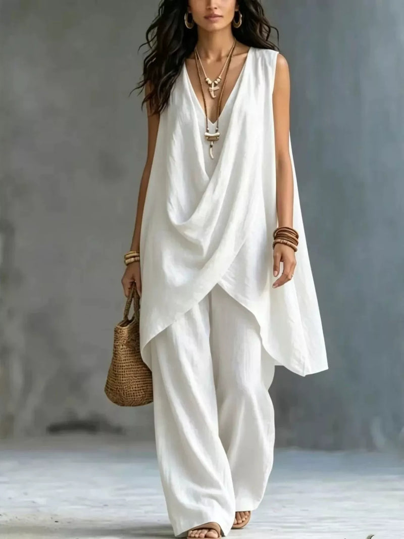 Sleeveless asymmetrical top and wide leg pants set front view