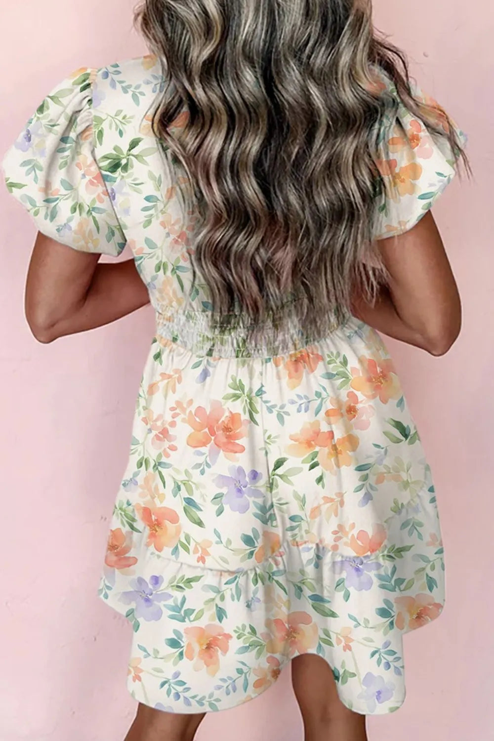 Notched puff sleeve floral dress side view