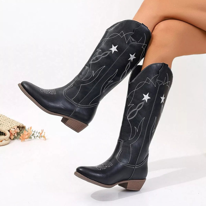 Western star embroidered cowboy boots front view
