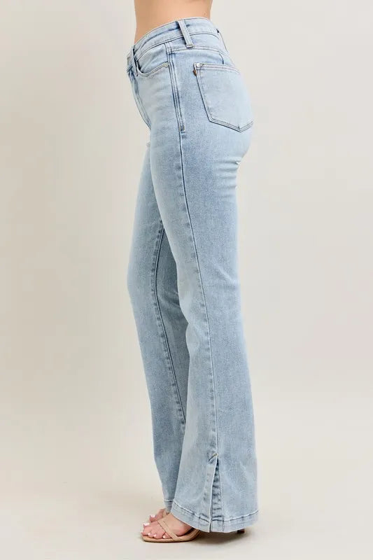 Judy Blue Full Size Tummy Control Vintage Wash Side Slit Slim Boot Jeans Plus Size - Fashorio