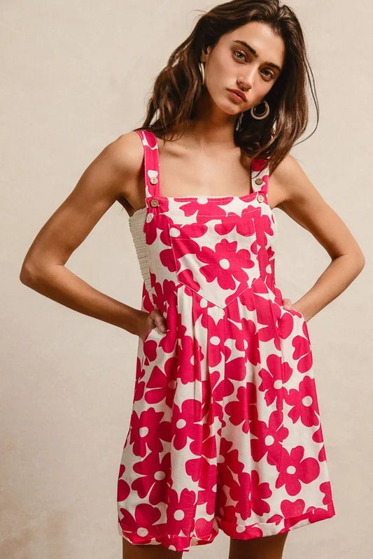 BiBi Floral Prints Tuck Detail Short Overall With Pockets FUCHSIA - Fashorio