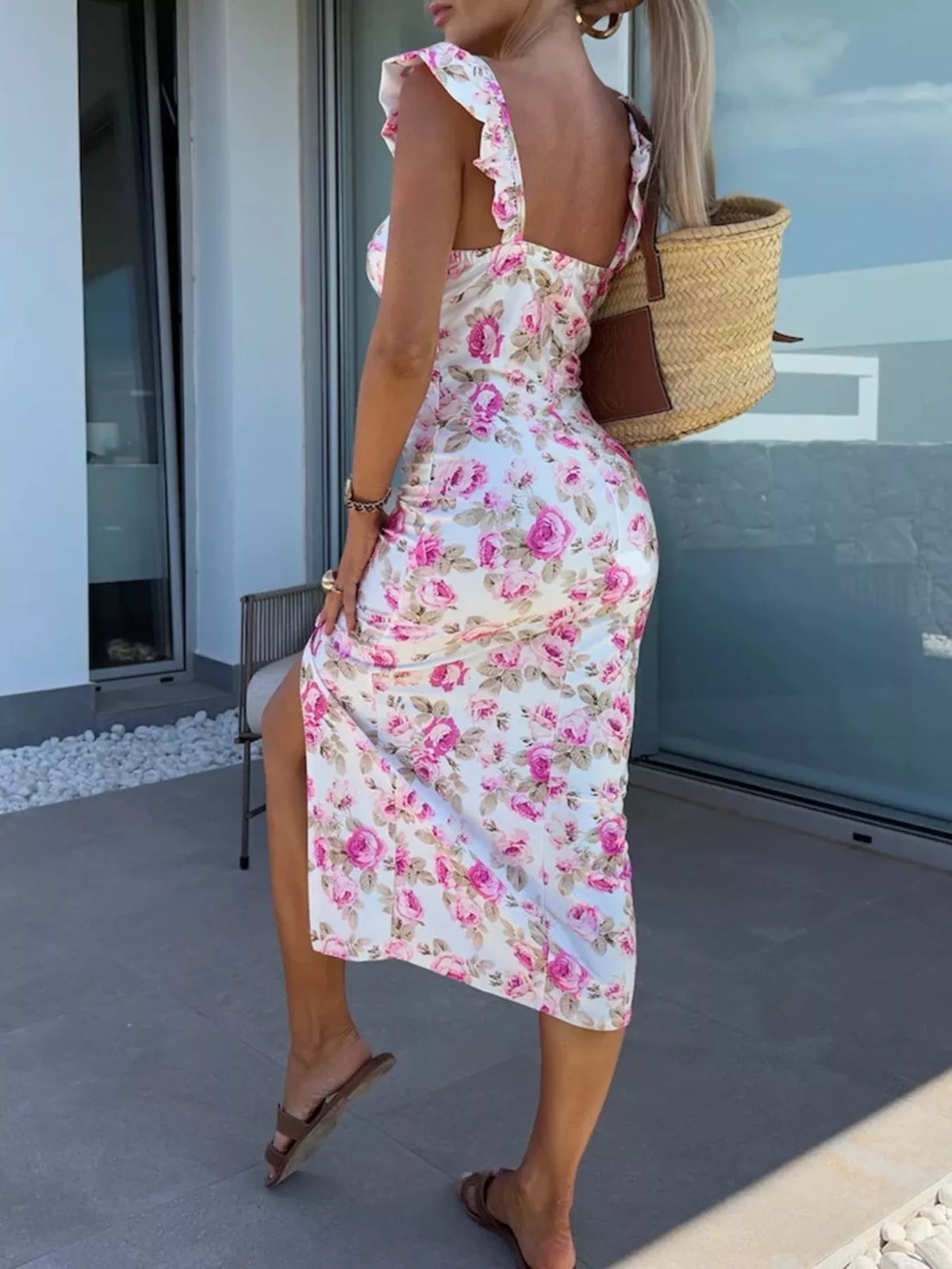 Sweetheart neck midi dress slit detail
