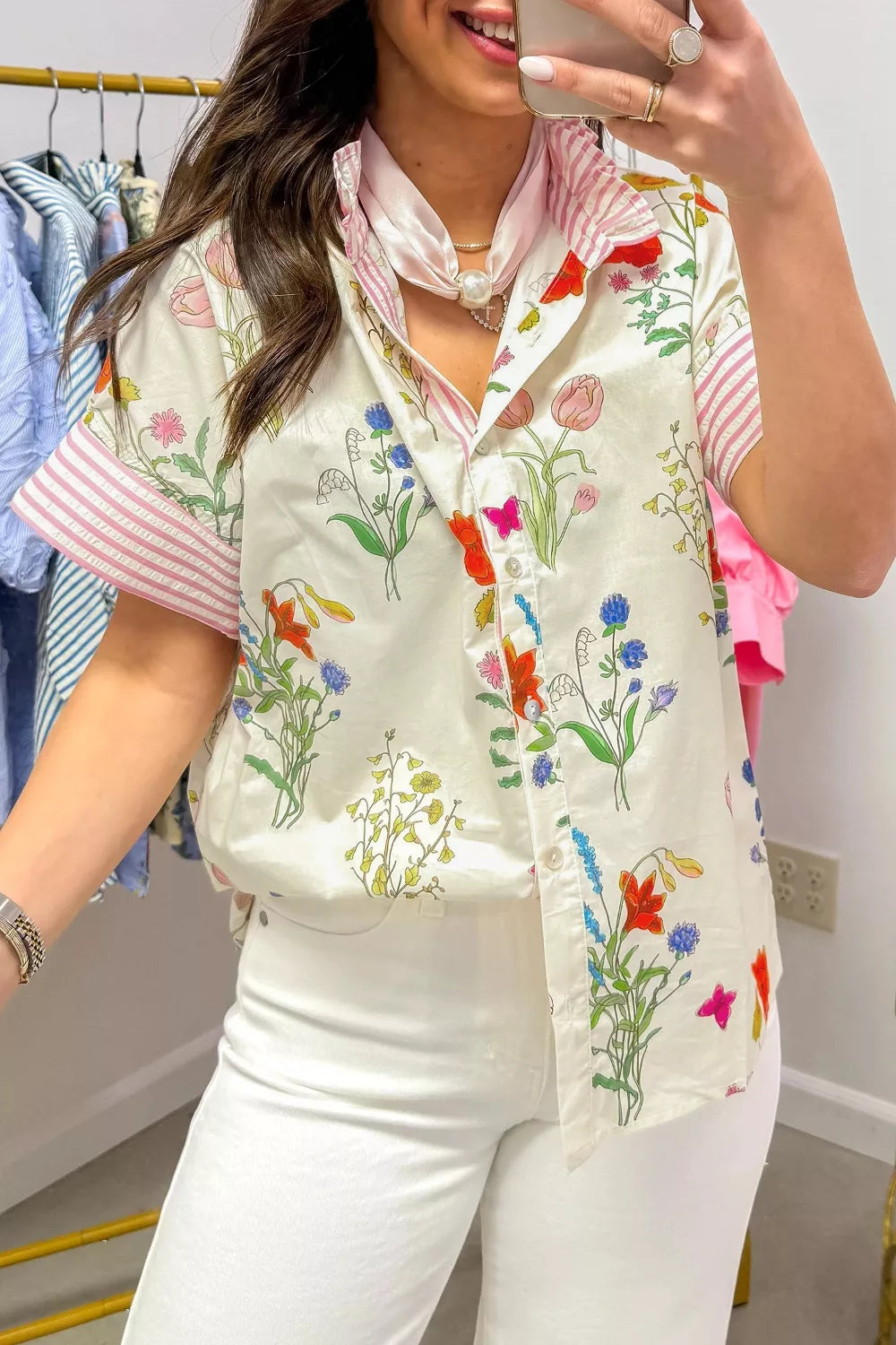 Beige floral stripe patchwork ruffle collar shirt side view