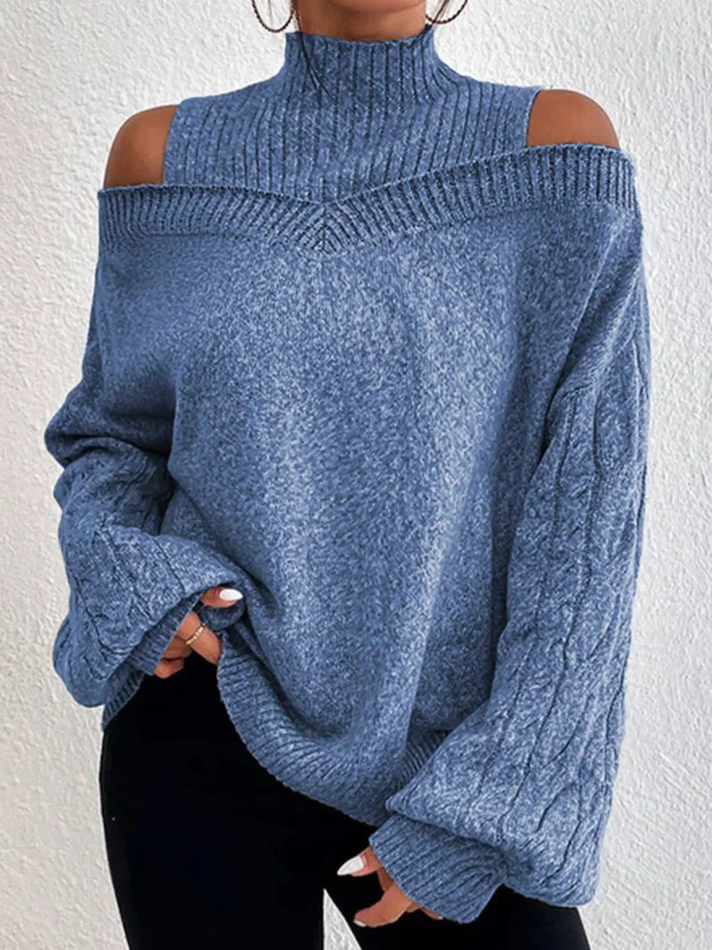 cable knit cold shoulder turtleneck sweater front view