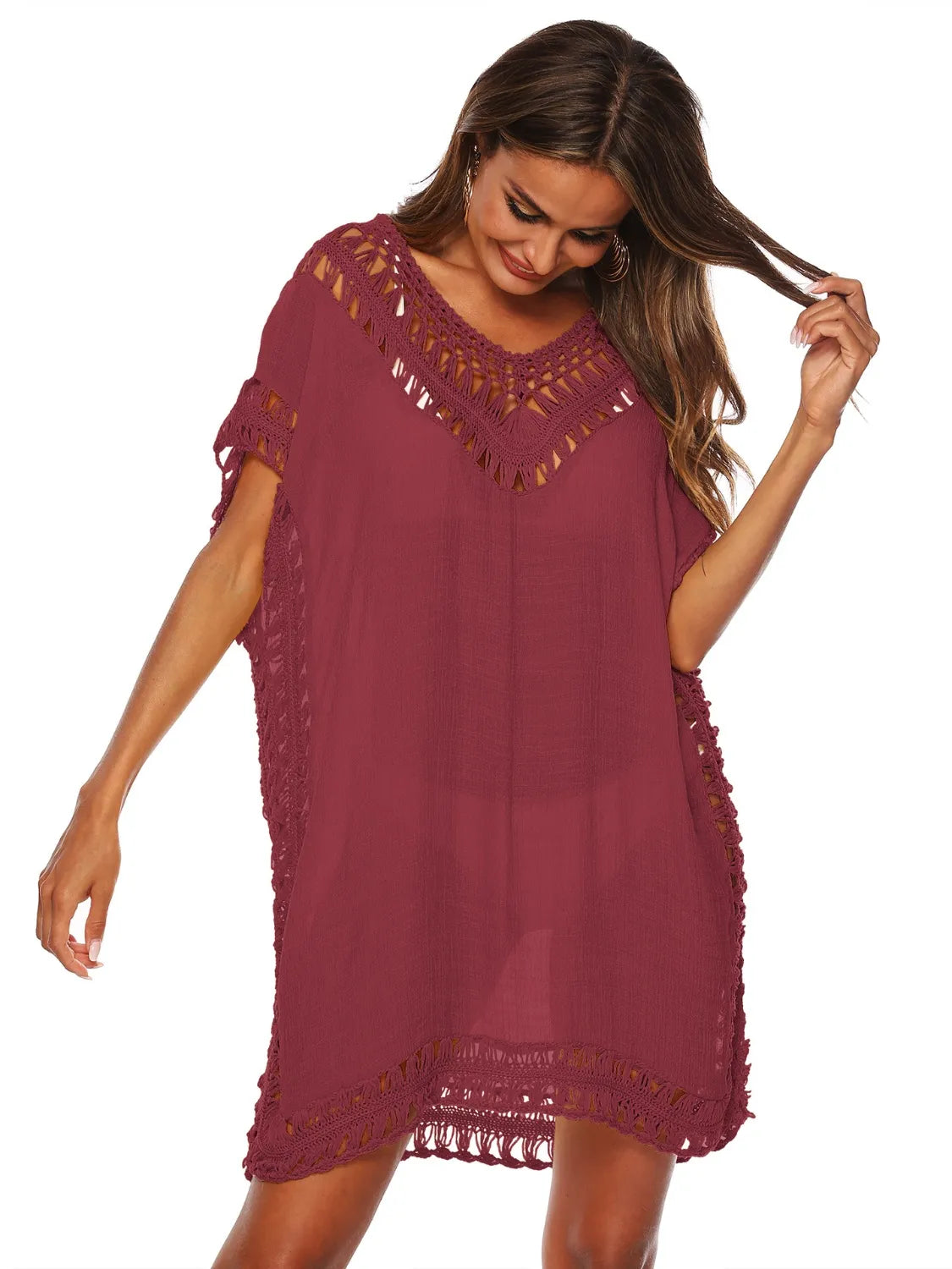 Bohemian Crochet Trim Beach Cover Up Dress - Fashorio