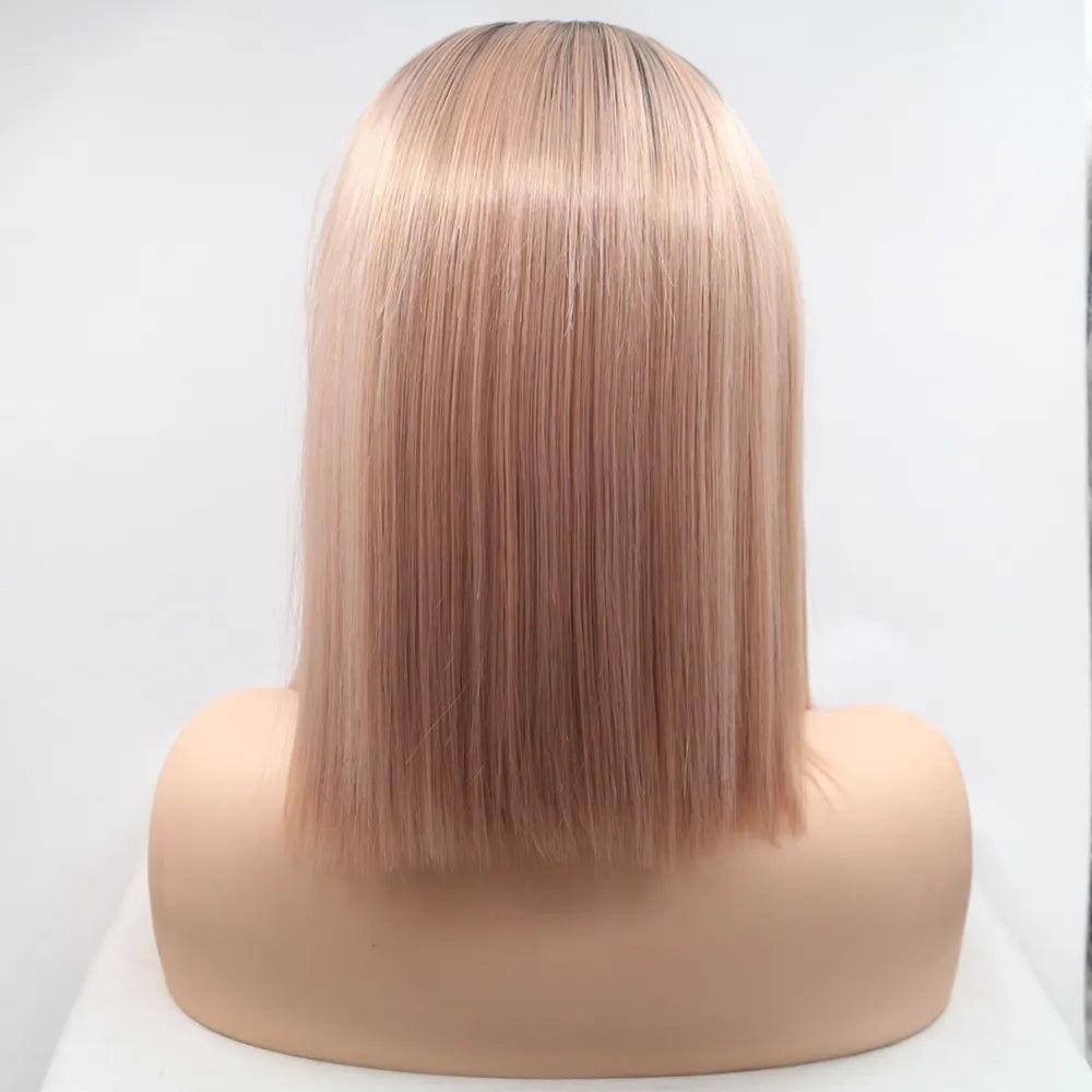 Side view of 12 inch straight synthetic lace front wig