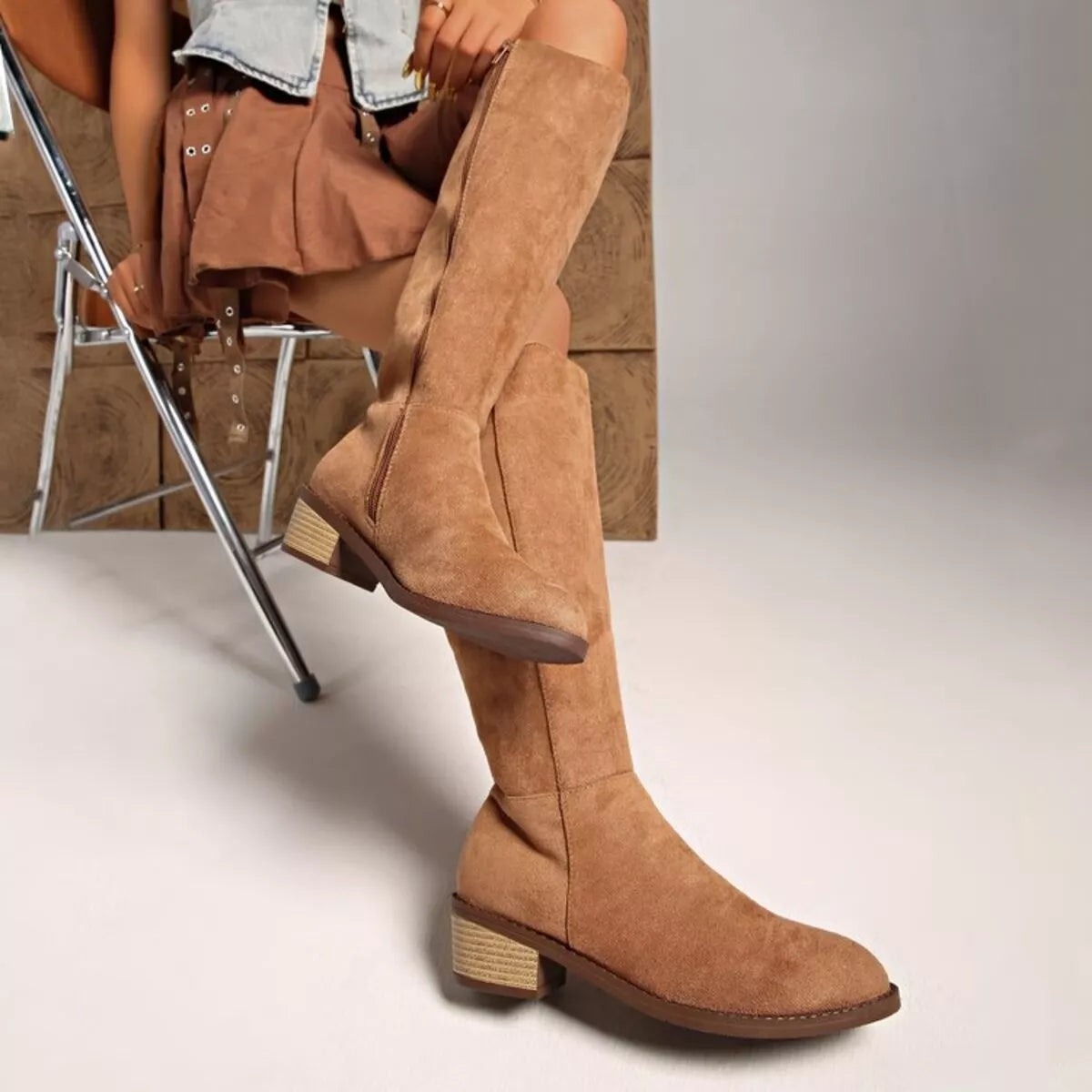 Knee high block heel suede boots back view