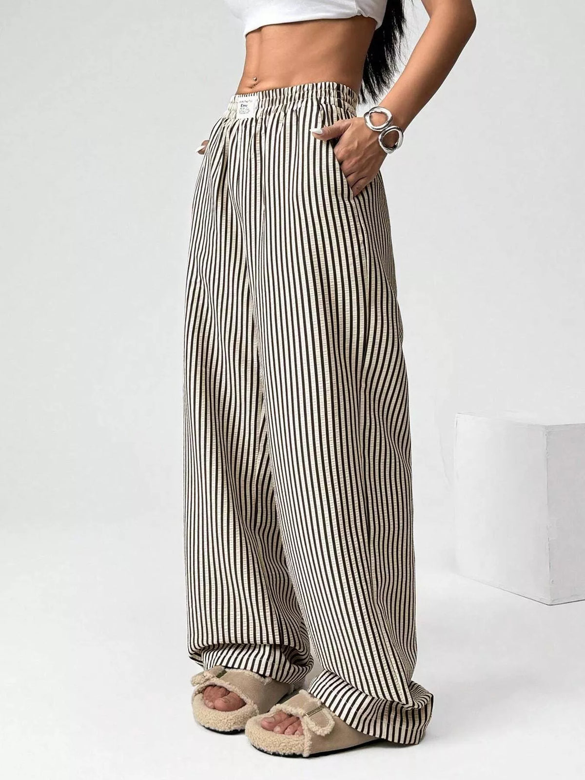 Striped high waist wide leg pants, on model