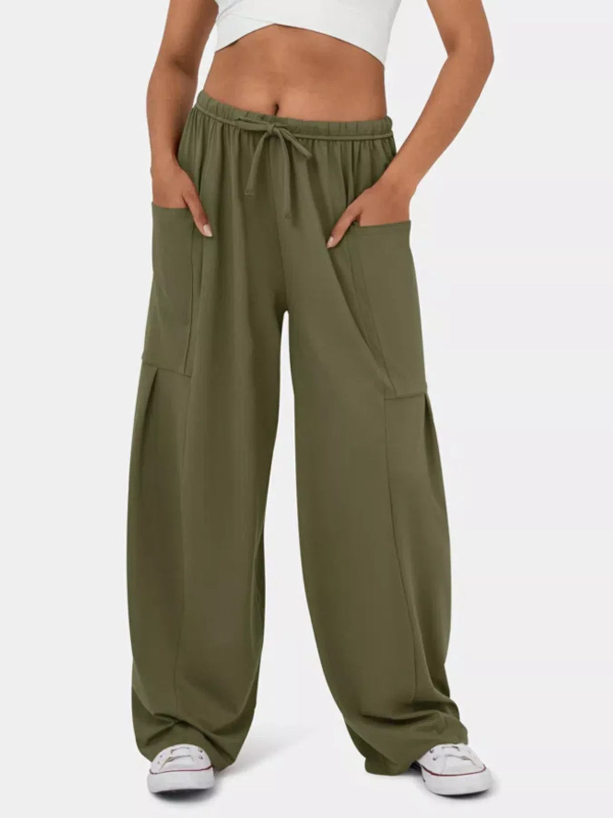 High waisted wide leg drawstring pants detail view