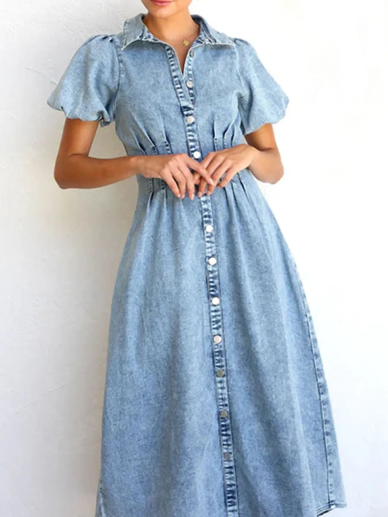 Puff Sleeve Button Front Denim Midi Dress - Fashorio