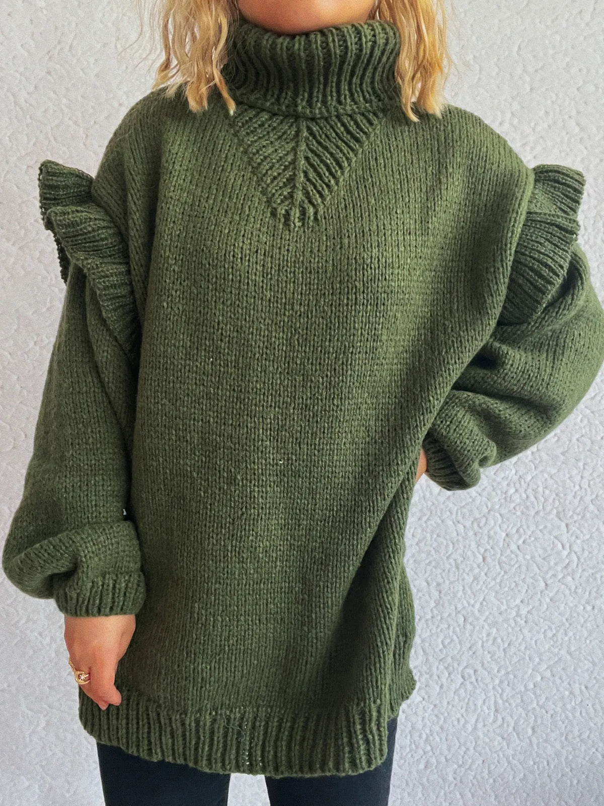 Ruffled turtleneck long sleeve sweater side view