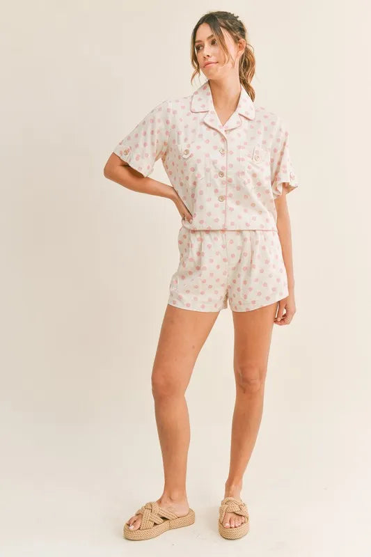MABLE Polka Dot Collar Crop Top and Short Lounge Set - Fashorio