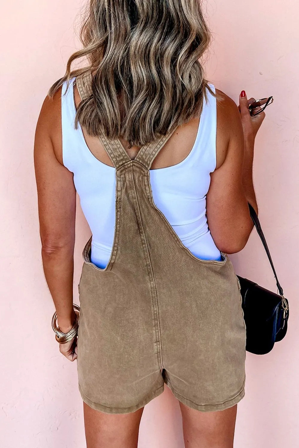 Washed Square Neck Denim Overall Shorts - Fashorio