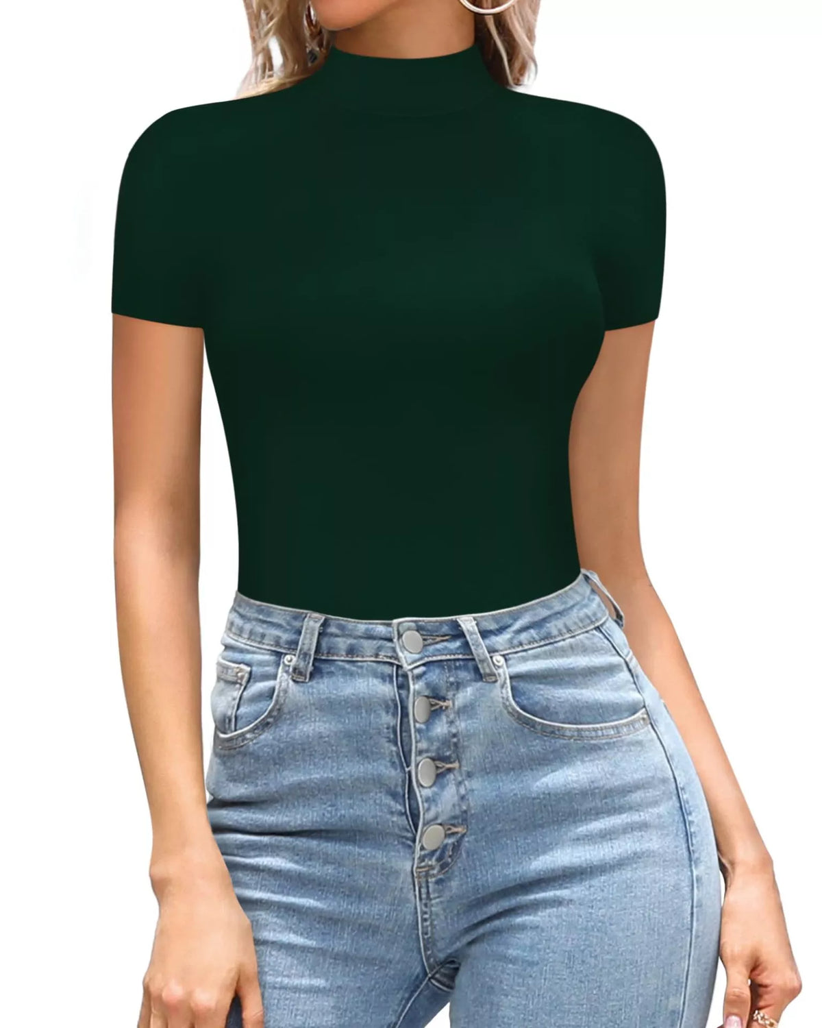 Mock neck short sleeve bodysuit detail view