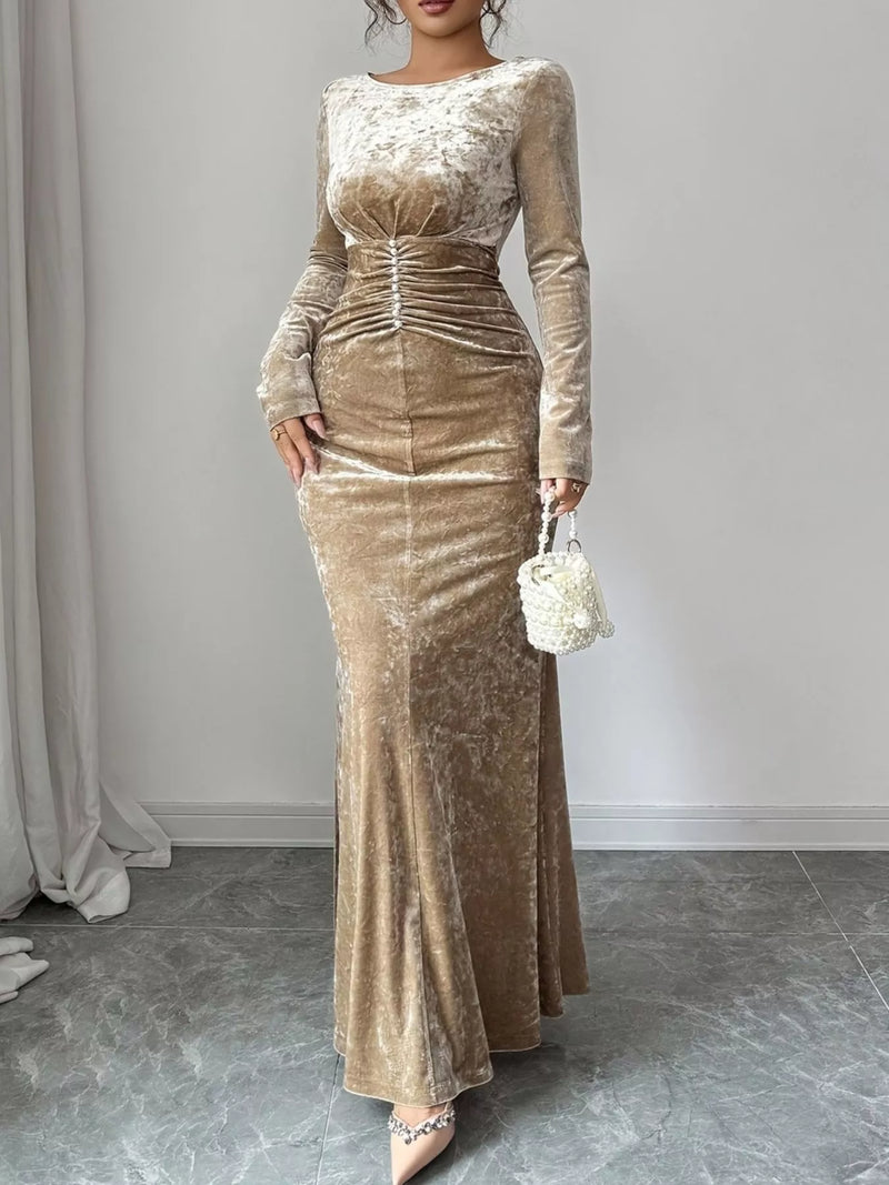 Velvet ruched bodycon maxi dress in khaki, front view