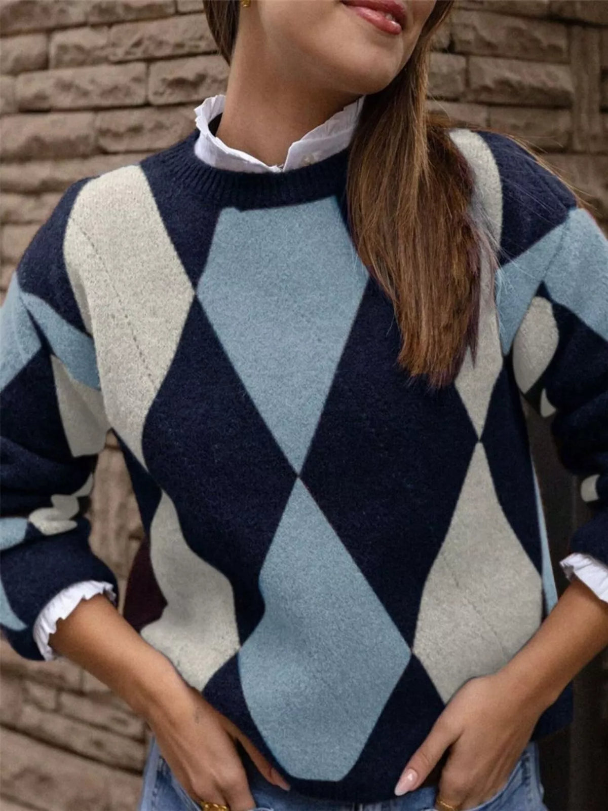 vintage argyle round neck sweater fabric knit detail