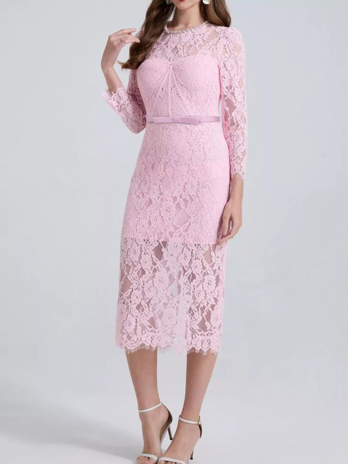 lace long sleeve midi dress skirt detail