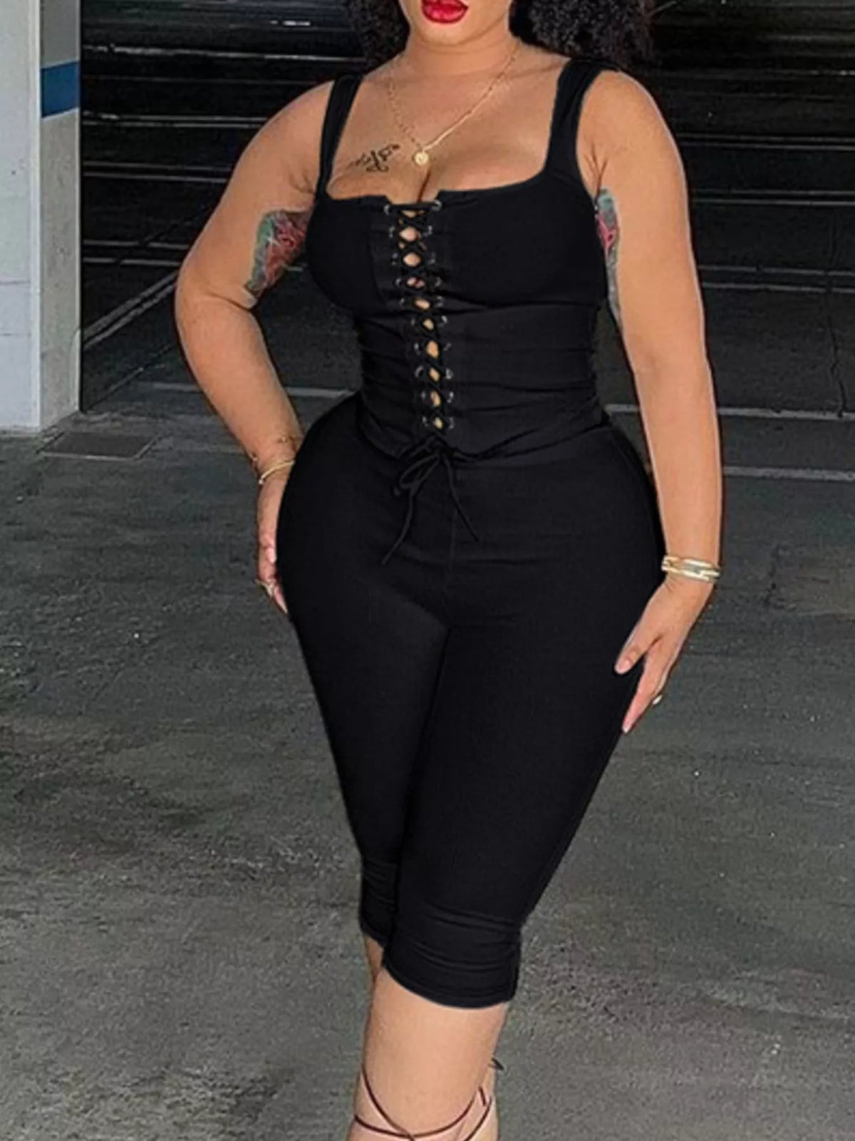 Lace Up Tank and Capri Two Piece Set, view 13