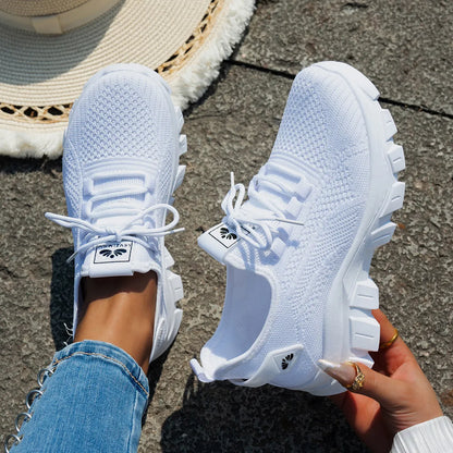 Mesh Lace Up Platform Athletic White - Fashorio