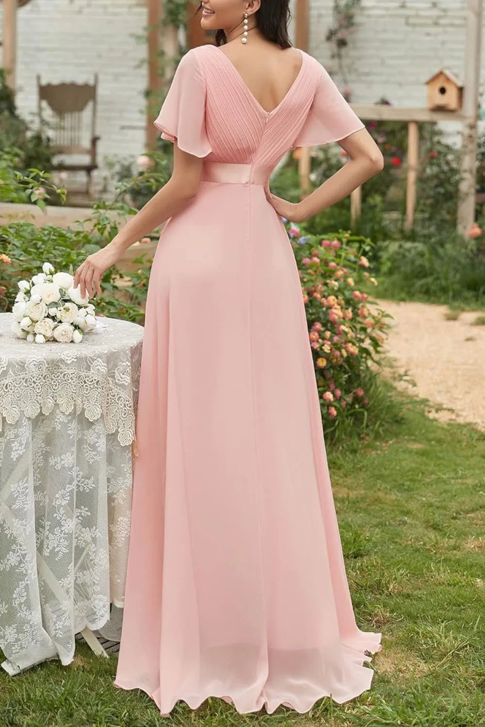 surplice flutter sleeve maxi dress back view