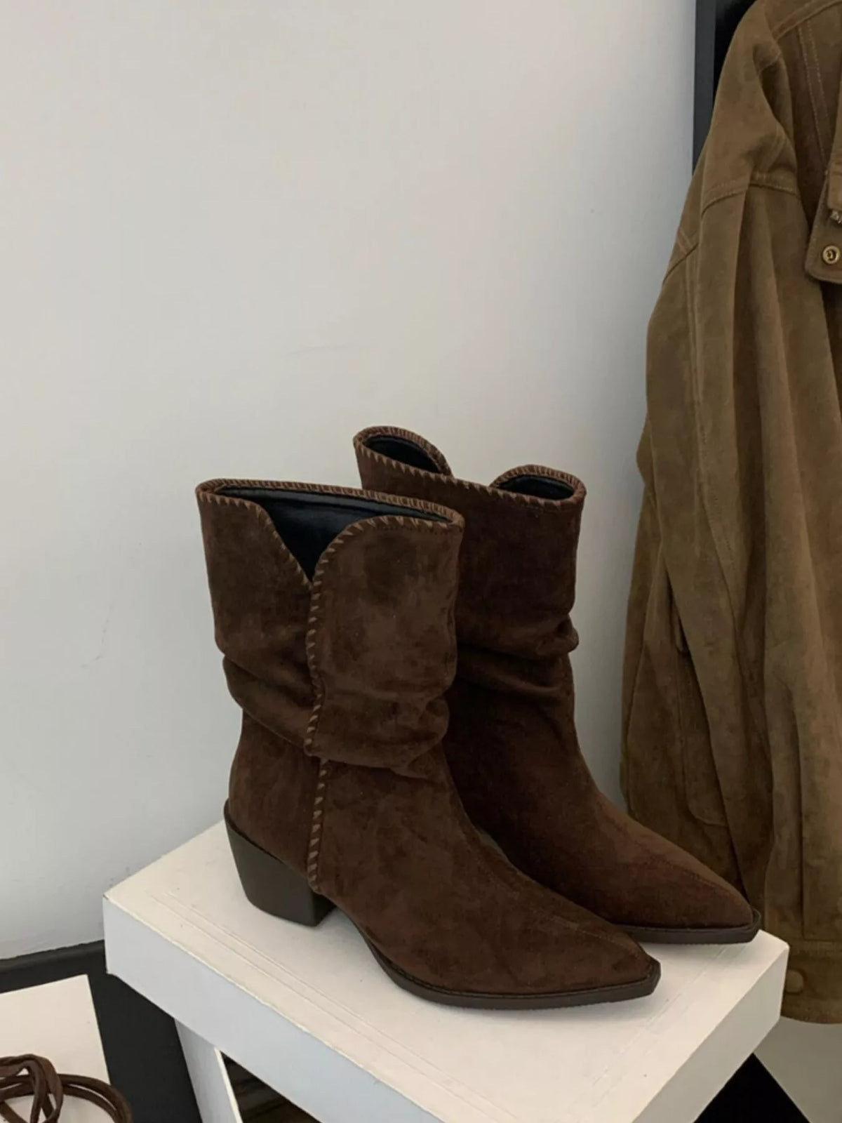 point toe block heel boots tan toe close up