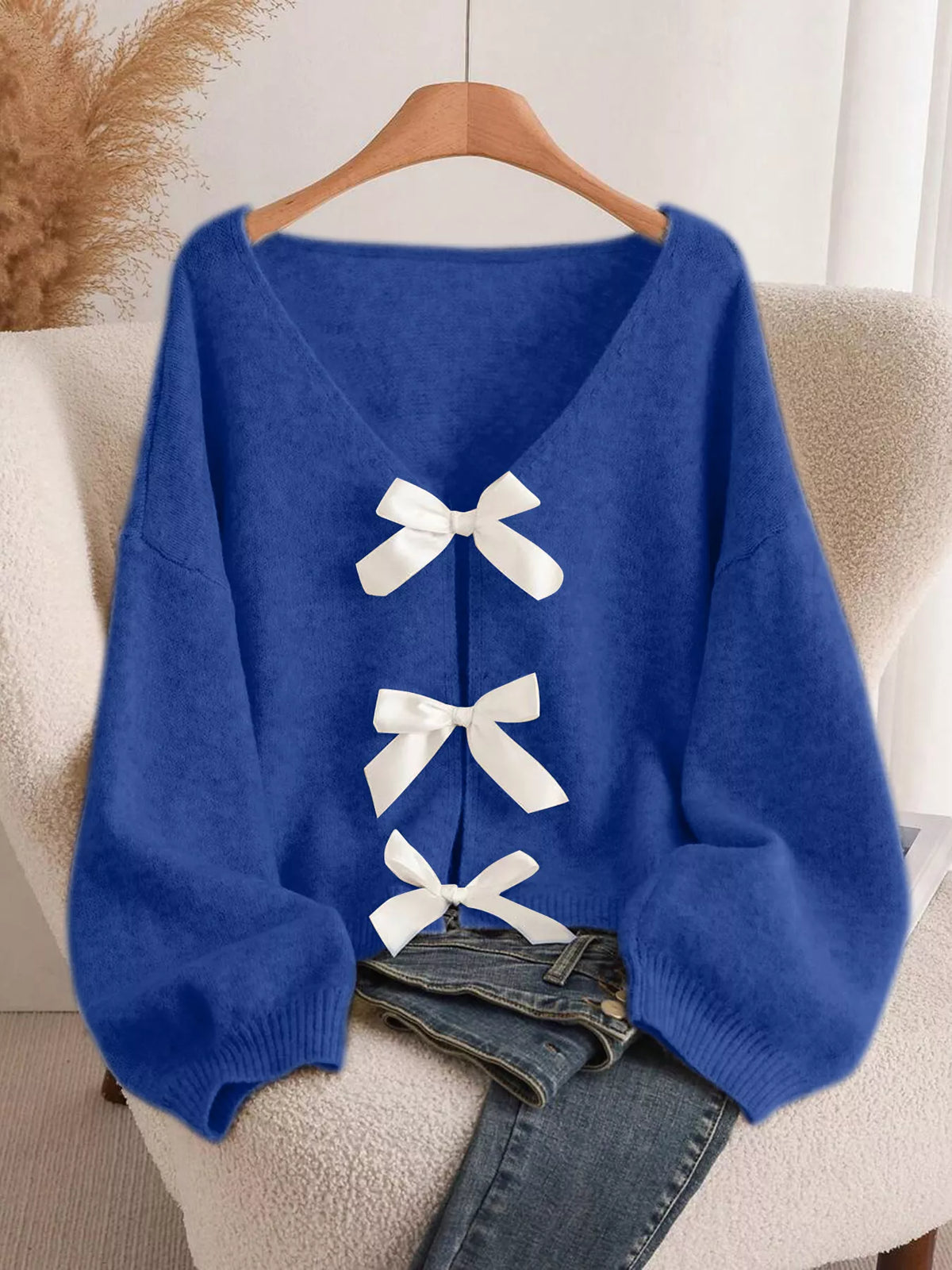 Bow Knot Front V Neck Knit Cardigan, view 9
