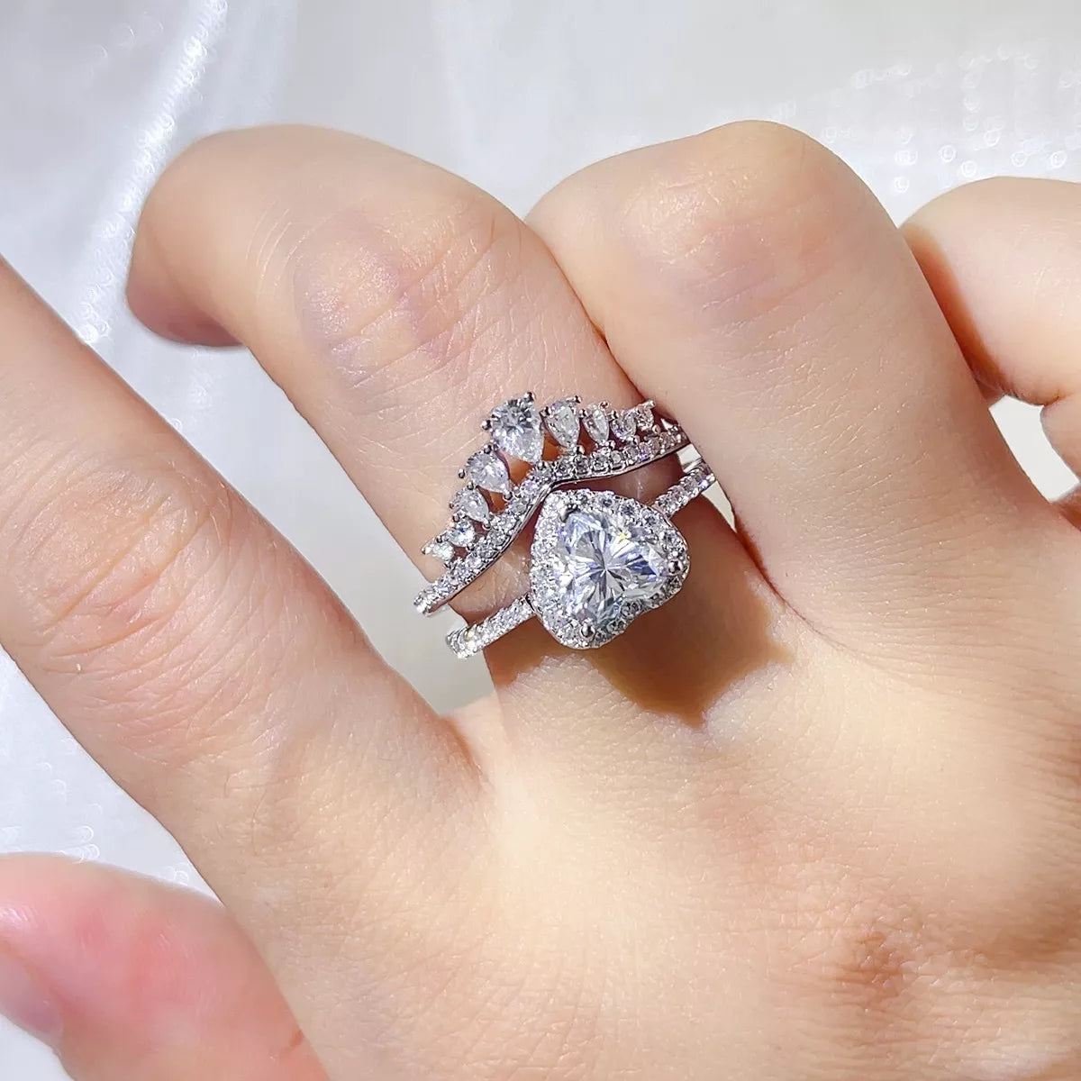 Starglow 2 carat moissanite two piece ring set in sterling silver, front view