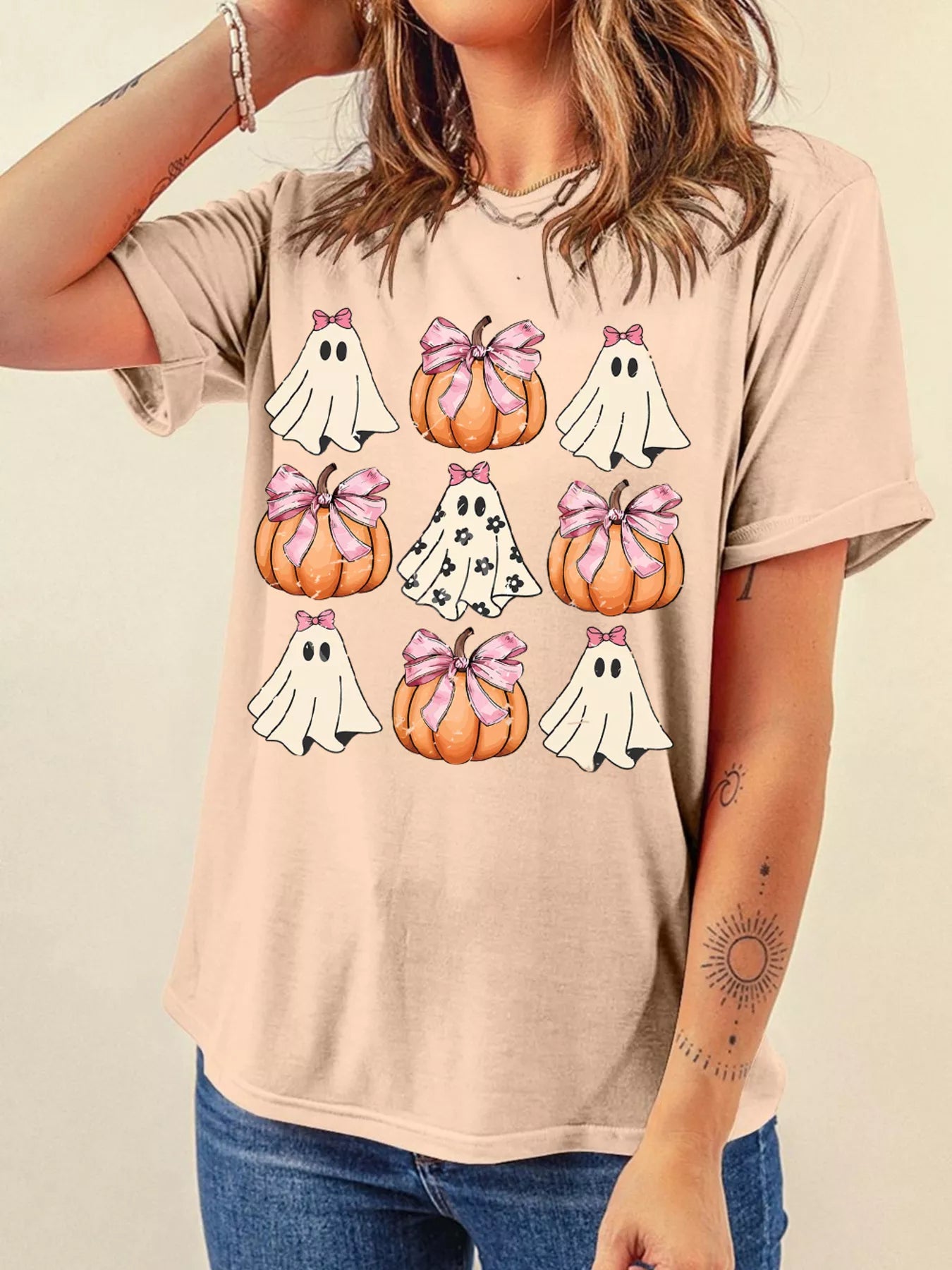 Halloween Bowknot Ghost Pumpkin Graphic T Shirt - Fashorio