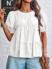 Tiered Round Neck Puff Sleeve Ruched Blouse White - Fashorio