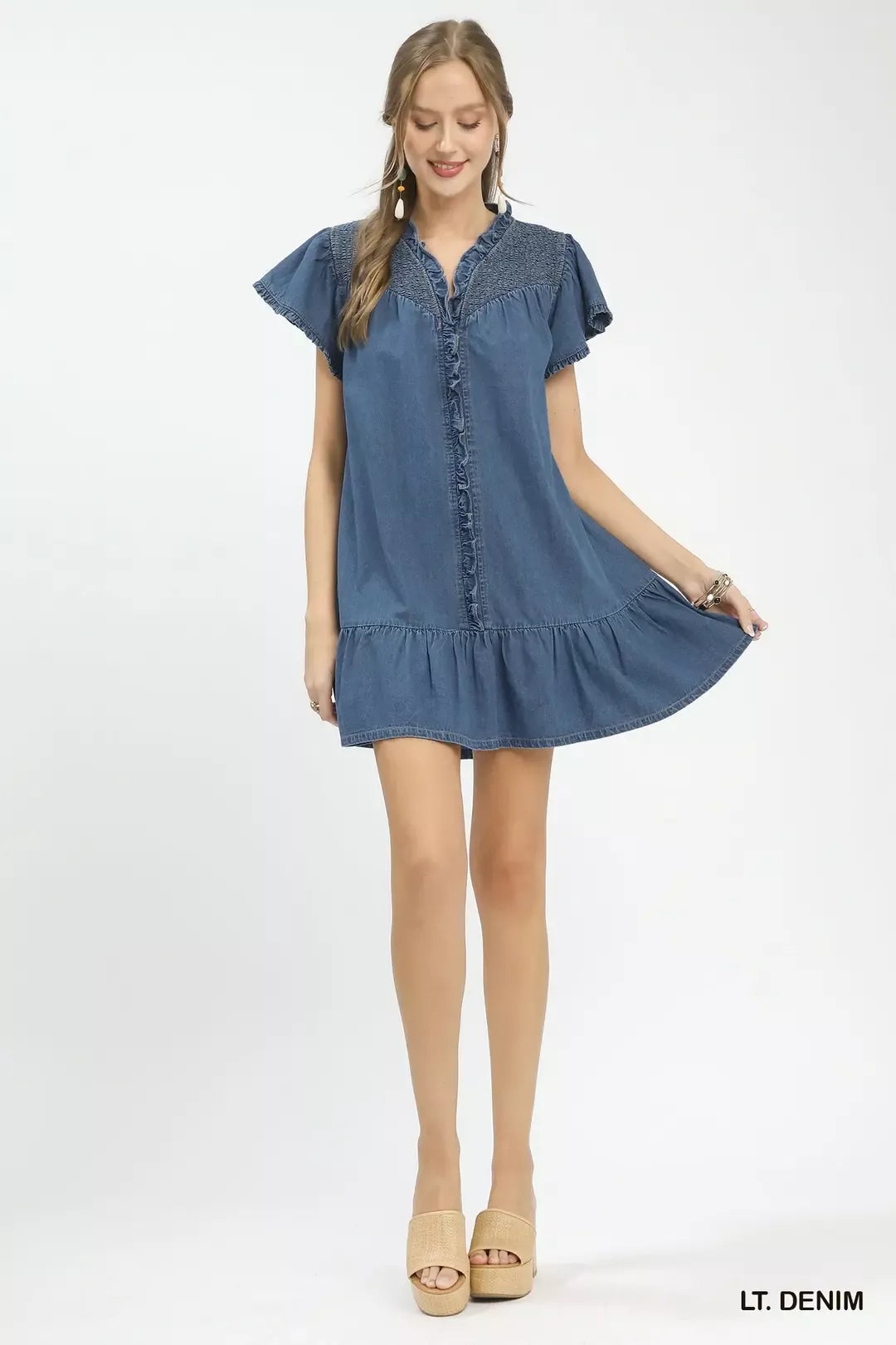 Ruffled Washed Denim Dress detail