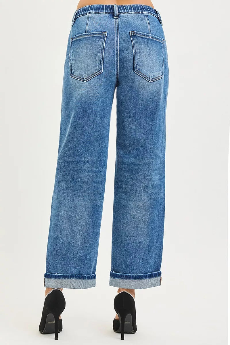 RISEN medium wash boyfriend jeans full length styling