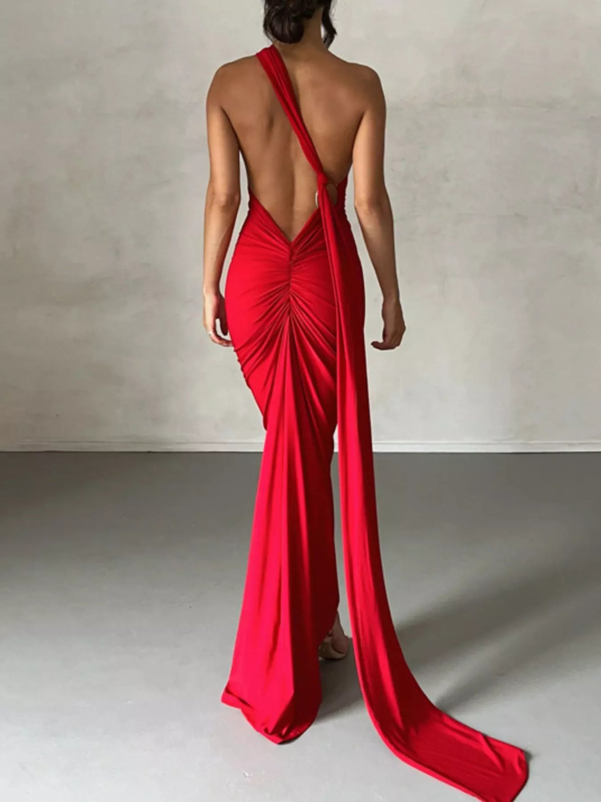 One Shoulder Ruched Bodycon Maxi Dress front view