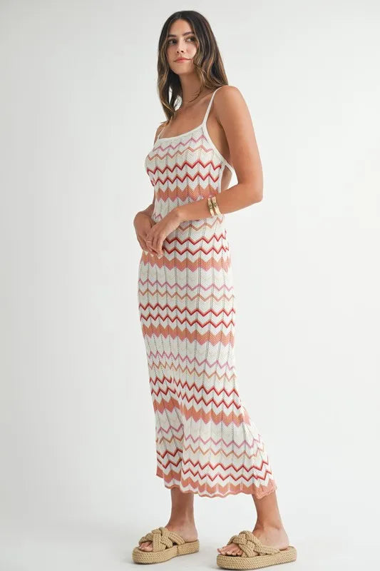 MABLE Lightweight Pointelle Chevron Knit Maxi Dress - Fashorio