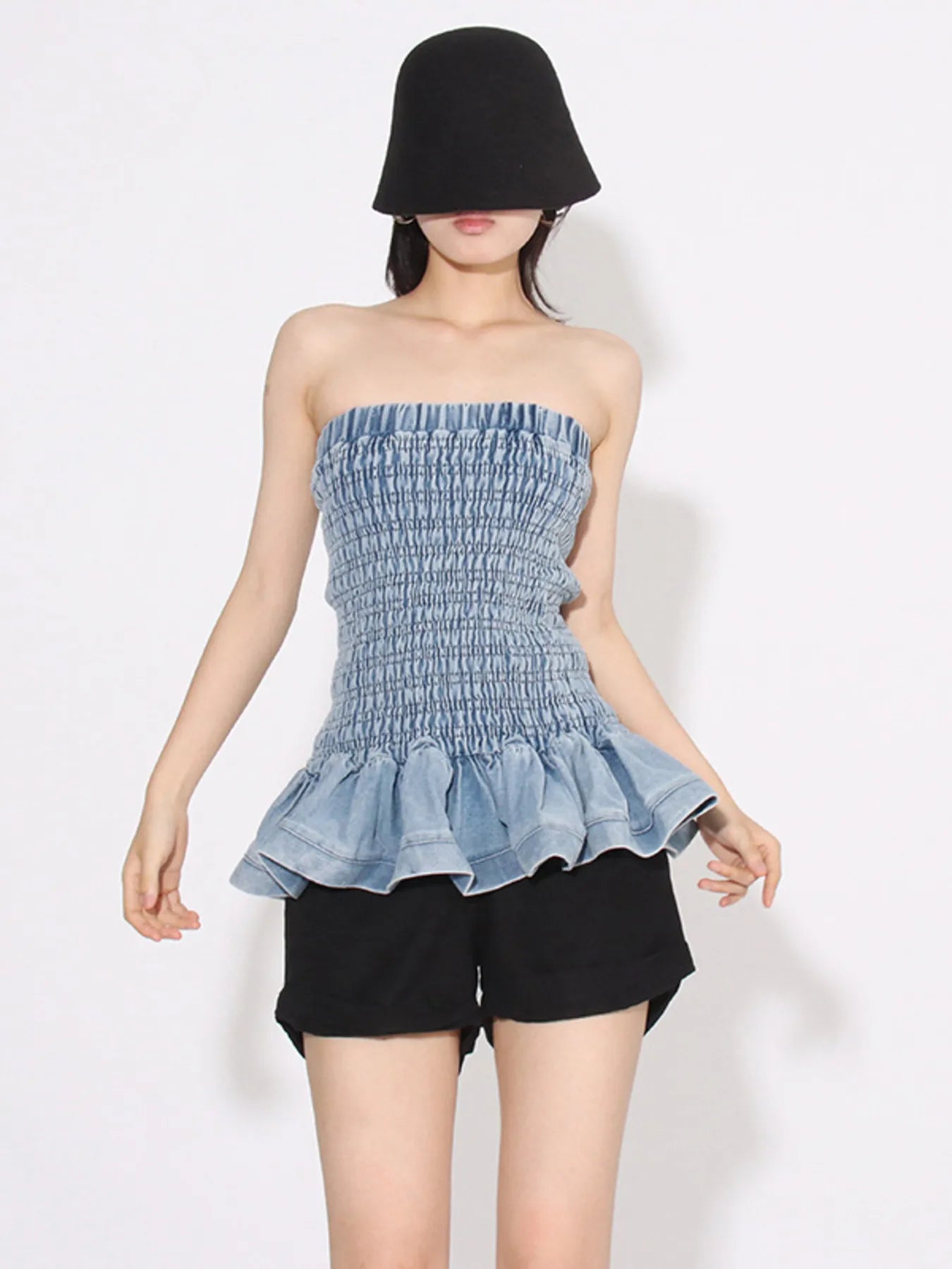 Smocked Ruffled Hem Denim Tube Top Blue One Size - Fashorio