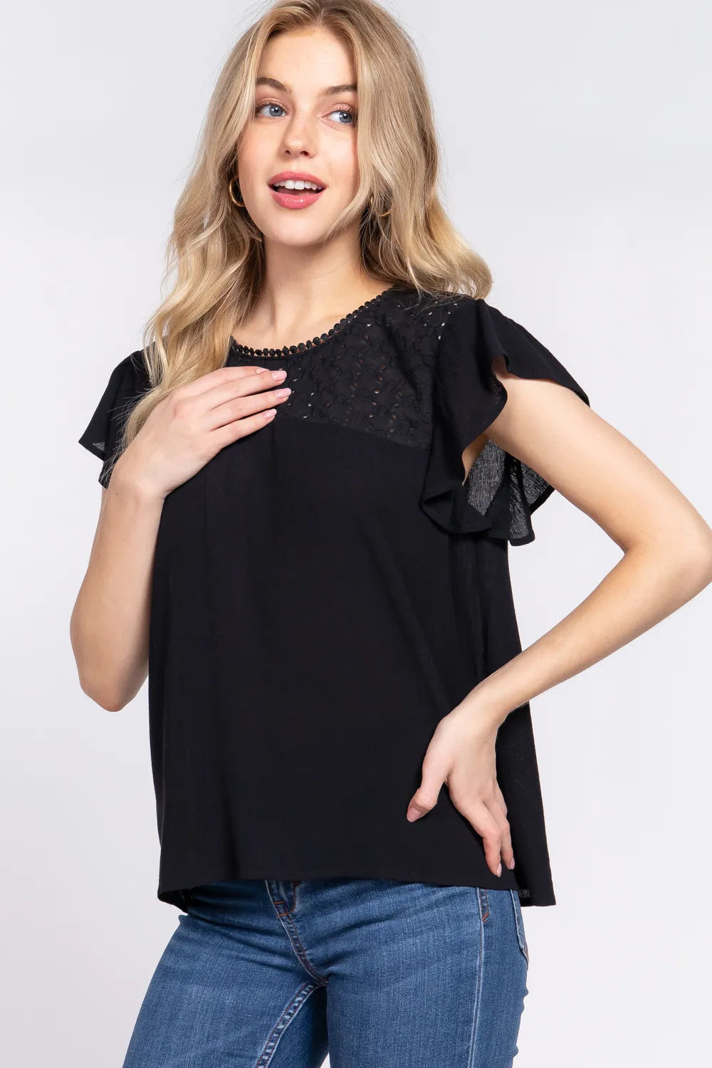 ACTIVE BASIC Ruffle Short Sleeve Crochet Blouse - Fashorio