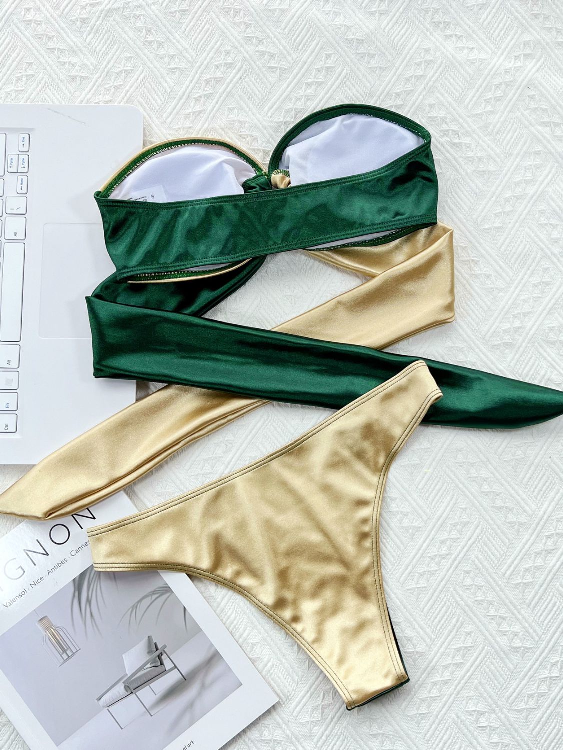 Two-Tone Ring Detail Tied Bikini Set - Removable Padding - Fashorio