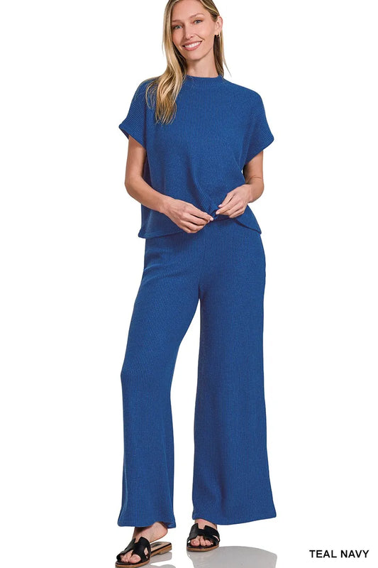 Zenana Sweater Boxy Top & Long Pants Set TEAL NAVY - Fashorio