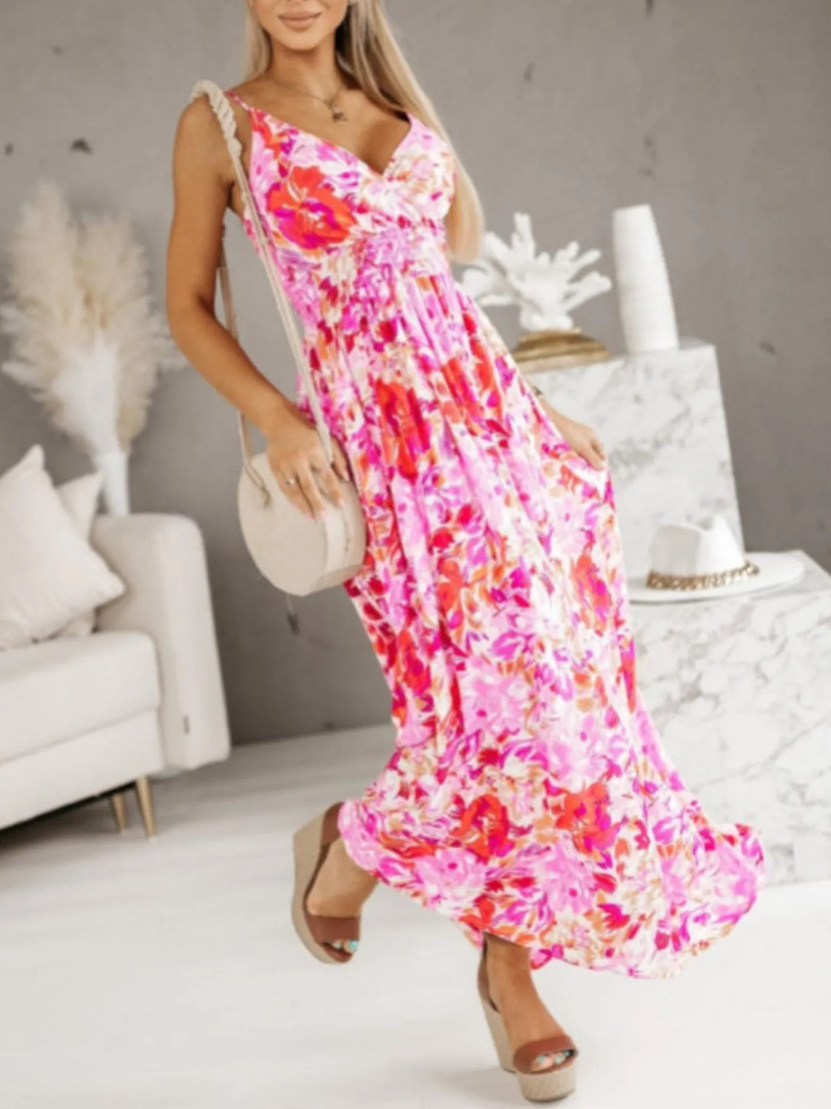 Printed spaghetti strap maxi dress back view